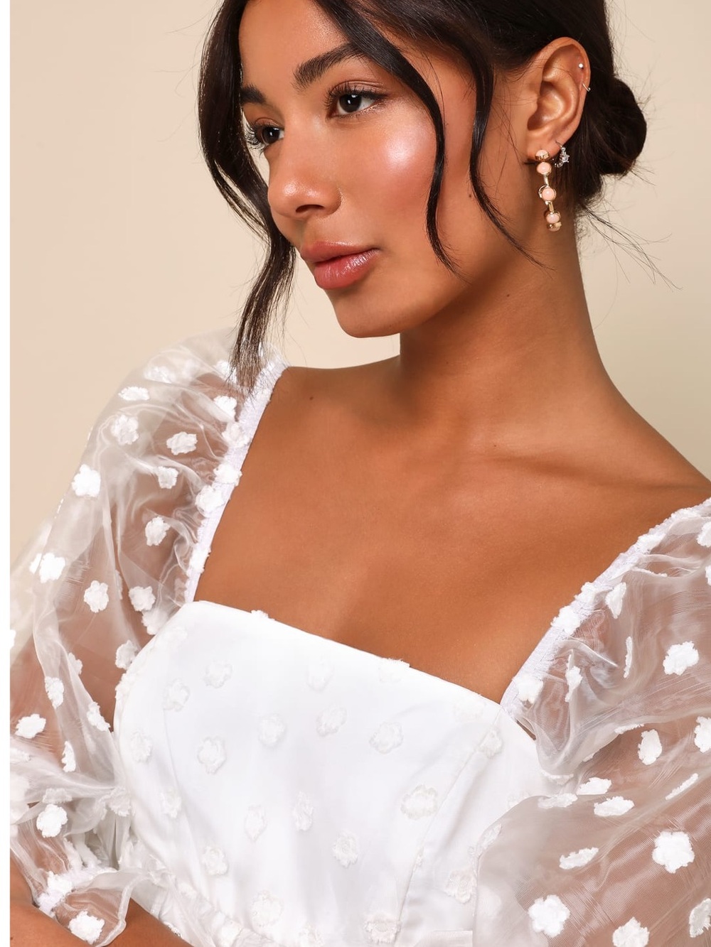 Lulus Effervescent Charm White Organza Floral Babydoll Puff Sleeve Mini Dress - Picture 4 of 14